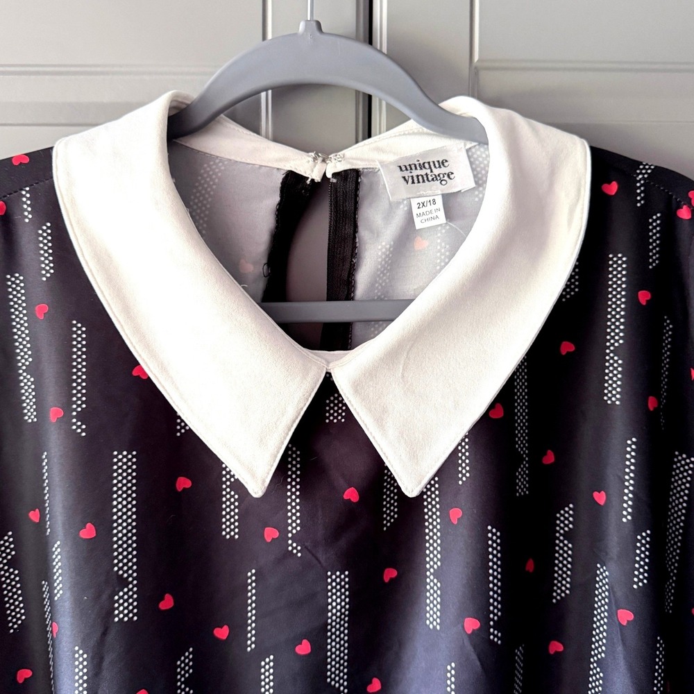 Unique Vintage Peggy Black Red Heart Peter Pan Collar Babydoll Dress,2X/18 (New) - Picture 3 of 9